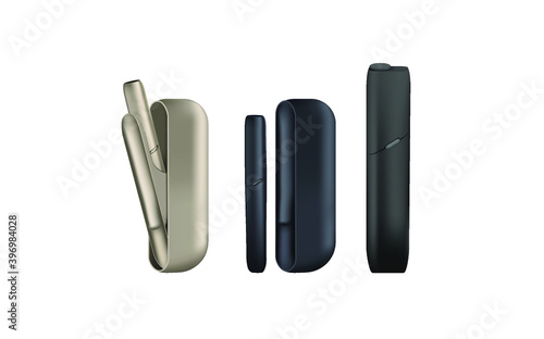 Electronic cigarette set. Smoking, white device, heating tobacco system, newest electronic cigarette. Realistic vector illustration. Great for flyers, posters, banner.