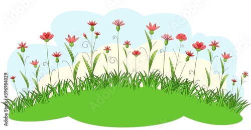 Blooming meadow with grass and flowers. Sky. Cartoon just style. Isolated on white background. Romantic fabulous illustration. Vector