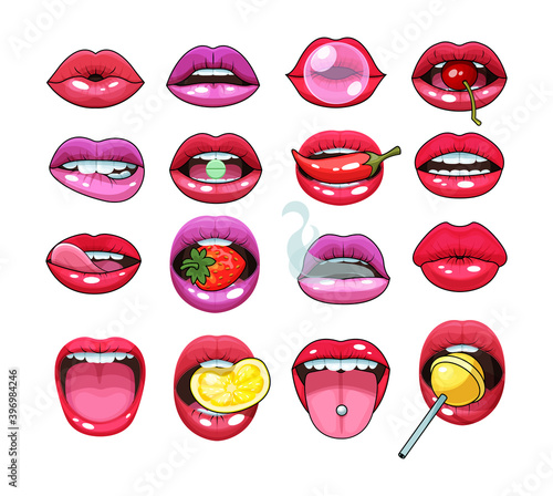 Sexy woman mouth set. Red sexy girls lips stickers expressing emotions smile, kiss, discontent, modesty, show tongue. Sexy sensual, provocative lips with pepper, lemon, strawberry in the teeth