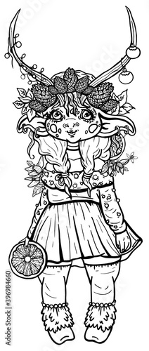 Cartoon magic character, cute new year little cow, with long horns and big ears, with pigtails and a wreath of cones, with Christmas toys and garland, in dress and fur socks, with orange in hand.