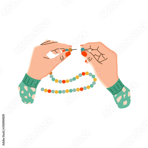 Vector illustration of women's hands with beads and stringing on a string. The manufacture of beads. Hands of a needlewoman in a flat design. Creative hobby. Isolated on a white background.