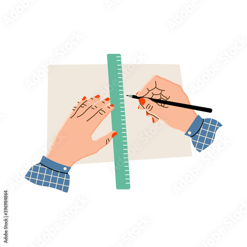 Vector illustration. Women's hands hold a ruler and pencil, draw on paper or fabric. Hands of a needlewoman in a flat pattern. Creative hobby. Isolated on a white background