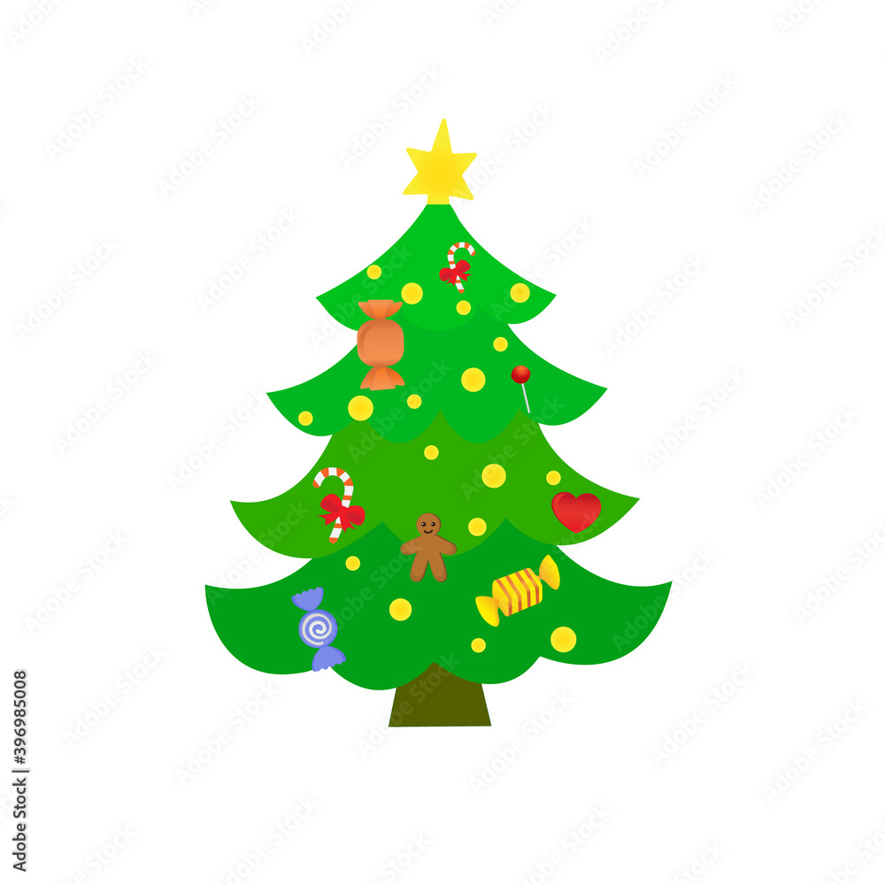 Green Christmas tree decorated with candy, gingerbread man and garland Green Christmas tree decorated with candy, gingerbread man and garland