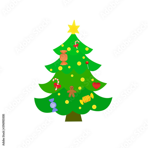 Green Christmas tree decorated with candy, gingerbread man and garland