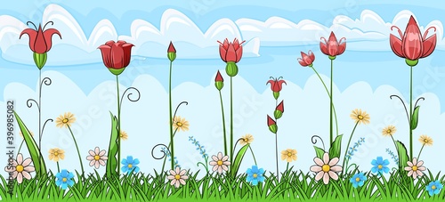 Blooming meadow with grass and flowers. Sky. Scenery. Cartoon just style. Romantic fabulous illustration. Beautiful natural view. Wild plant nature. Rural scene. Vector