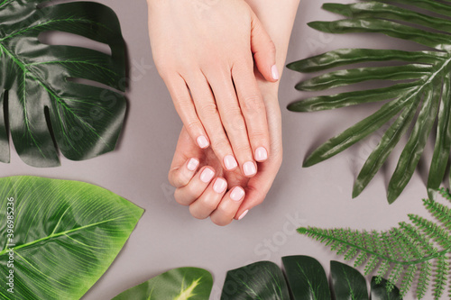 Summer manicure ideas. Beautiful woman hands with elegant pink nail polish. Tropical holidays vibes. Flat lay, top view. 