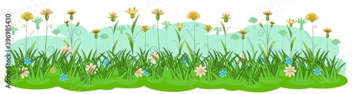 Blooming meadow with grass and flowers. Sky. Cartoon just style. Isolated on white background. Romantic fabulous illustration. Vector