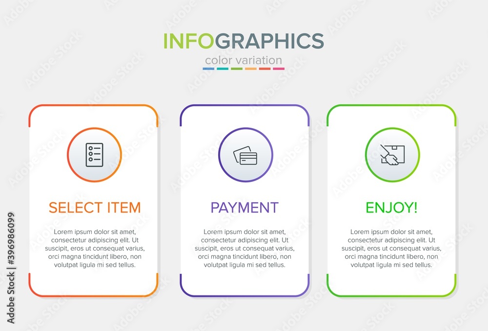 Concept of shopping process with 3 successive steps. Three colorful graphic elements. Timeline design for brochure, presentation, web site. Infographic design layout. Concept of shopping process with 3 successive steps. Three colorful graphic elements. Timeline design for brochure, presentation, web site. Infographic design layout.