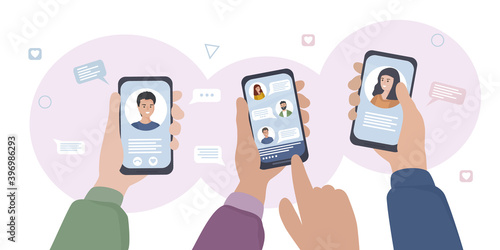 Hands with smartphones. People communicate in social networks and messengers, chat, write online sms, and use video calls. Mobile applications and Internet technologies. flat vector