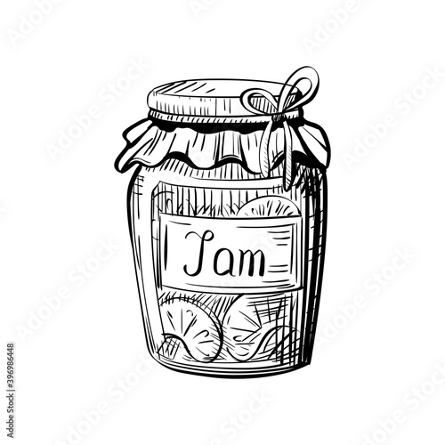 Sweet and tasty fruit jam in a glass jar on isolated white background. 
Natural organic product - delicious homemade apple jelly. Hand drawn vector illustration in vintage sketch style