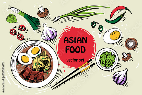 Spicy ramen and ingridients of asian traditional cuisine: chilli  pepper; garlic; onion; shiitake mushrooms; perilla leaves, leek. Noodle soup with chopsticks. Food vector illustration in cartoon styl