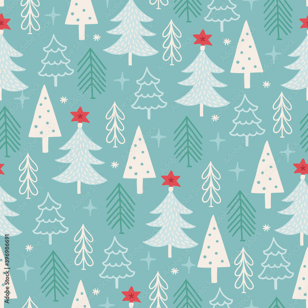 Christmas seamless pattern with fir trees, snowflakes, stars. Scandinavian style