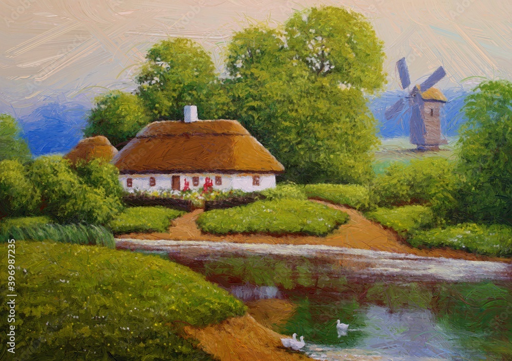 Obraz premium Oil paintings rural landscape with a house, old village. Fine art.