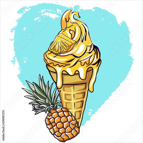 yellow ice cream with waffle cone and pineapple flavor. The dessert is decorated with a piece of pineapple. Cartoon illustration of ice cream icon for web design