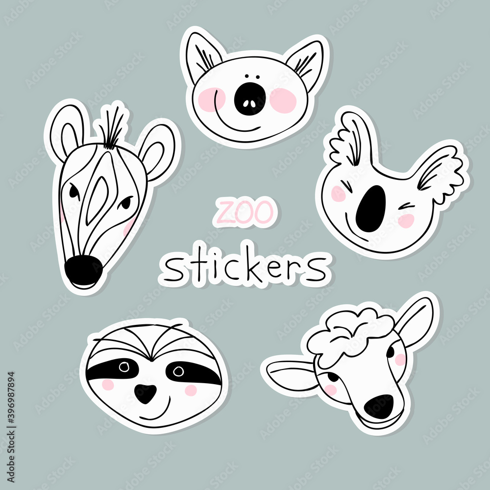 Obraz premium Simple animal portraits stickers - sloth, koala, pig, sheep, zebra. Simple drawings for the design of children's products. Flat Vector illustration.