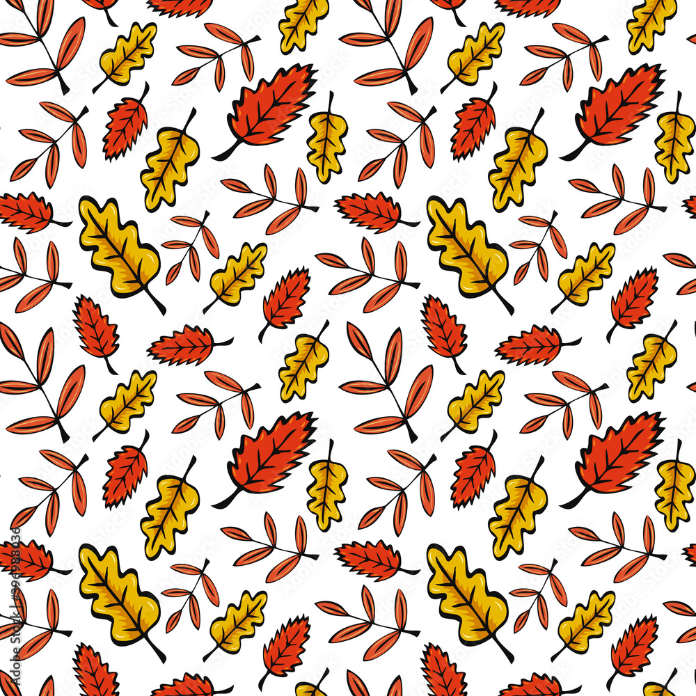 Seamless repeating pattern. Autumn leaves are red, orange and yellow, oak, ash and elm. Freehand sketch with dark outline.