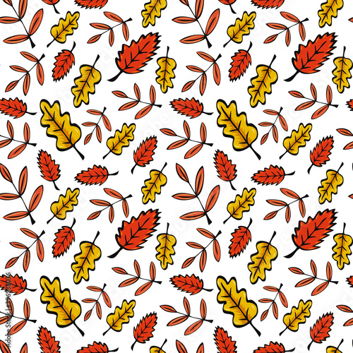 Seamless repeating pattern. Autumn leaves are red  orange and yellow  oak  ash and elm. Freehand sketch with dark outline.