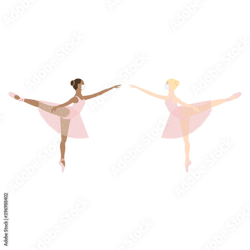 Ballerina and coronavirus, in white medical face mask. Sport exercise, ballet pose. Vector isolated painting art