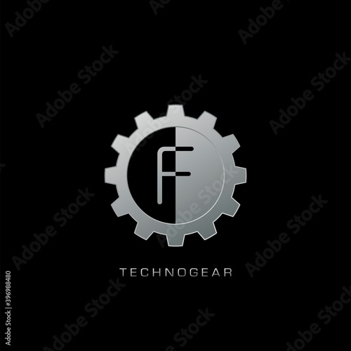 F Letter Logo Techno Gear. Silver vector design concept gear shape with letter logo for technology  business