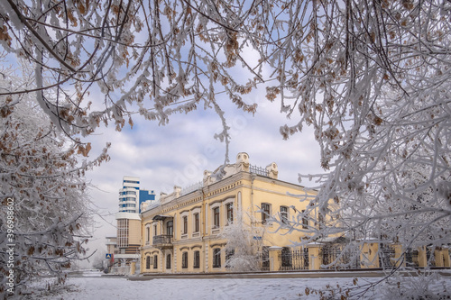 Irkutsk, a beautiful stone building on the Angara embankment