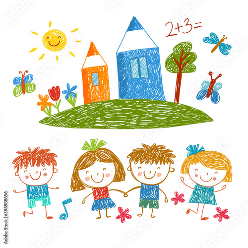 Summer background with crayons and playing kids