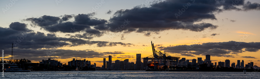 Beautiful panorama Port Miami Downtown Brickell in background at sunset dramatic sky Beautiful panorama Port Miami Downtown Brickell in background at sunset dramatic sky