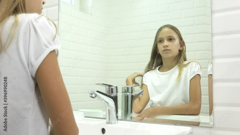 Kid Brushing Hair in Mirror, Child Hair Dressed in Bathroom, Blonde Girl Combing, Hairstyle Kid Brushing Hair in Mirror, Child Hair Dressed in Bathroom, Blonde Girl Combing, Hairstyle