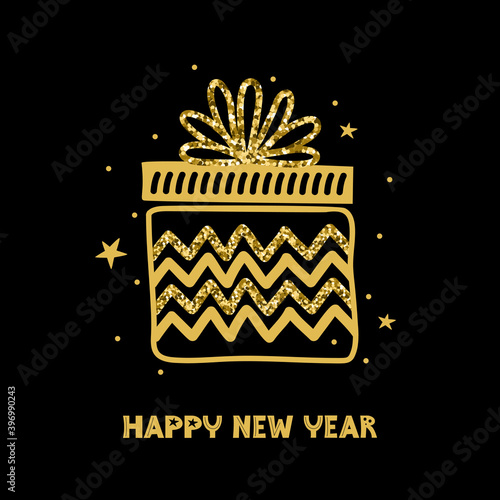 Happy new year. Large gold gift box with glitter on black background. Shiny holiday gold Doodle elements. Luxury present. Holiday greeting card or banner. Hand drawn vector illustration.