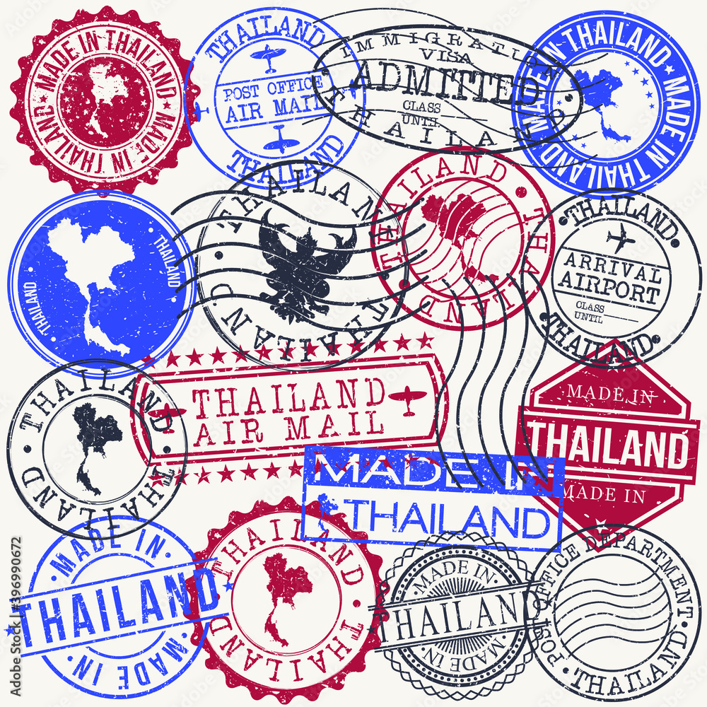 Thailand Set of Stamps. Travel Passport Stamp. Made In Product. Design Seals Old Style Insignia. Icon Clip Art Vector.