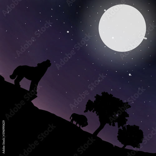silhouette of tiger trees and hill on midnight on moon light. © Animesh