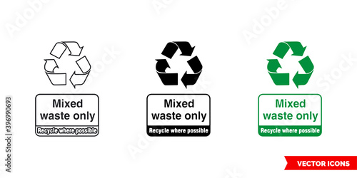 Mixed waste only recycle where possible sign icon of 3 types color, black and white, outline. Isolated vector sign symbol.