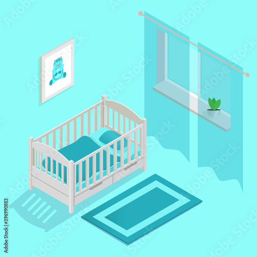 Blue room for a newborn boy with a crib, a painting, a rug, a window, isometric