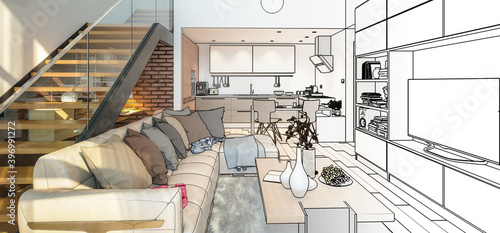 Modern Mansarde Apartment with Stairs (project) - panoramic 3d visualization