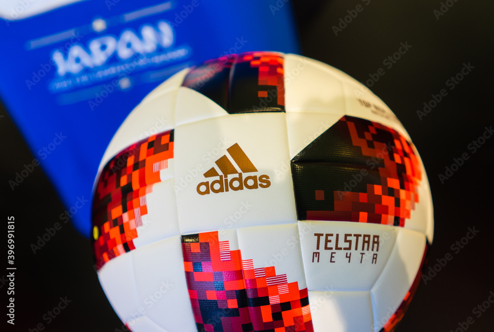 2 July 2018 Moscow, Russia The official ball for the FIFA World Cup 2018  football playoff games Adidas Telstar Mechta Stock Photo | Adobe Stock