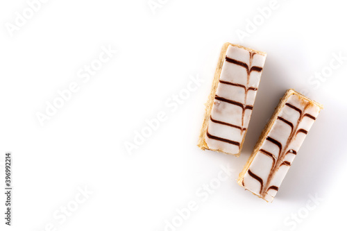 Millefoglie or French mille-feuille isolated on white background.Top view. Copy space photo