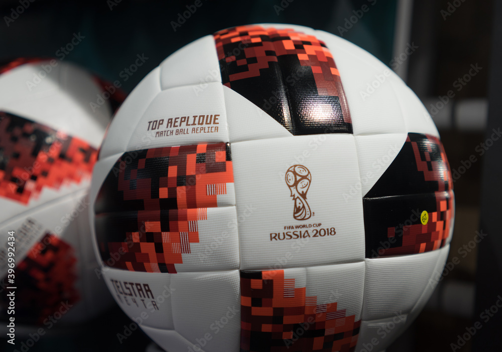 2 July 2018 Moscow, The official ball for the FIFA World Cup 2018 football playoff games Adidas Telstar Mechta Stock Photo | Adobe