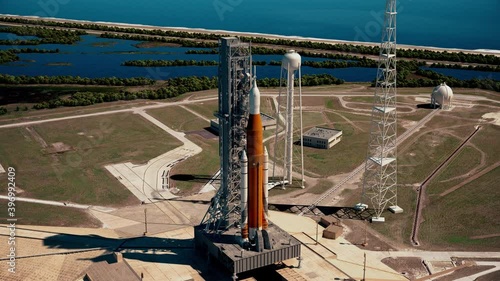 Big heavy rocket (Space Launch System) on launchpad. Full 3D animation. 4K. Ultra high definition. 3840x2160.