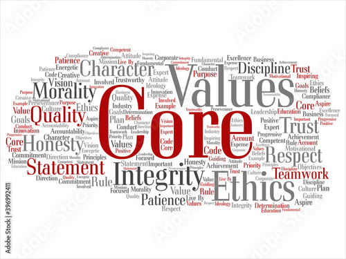 Vector conceptual core values integrity ethics abstract concept word cloud isolated background. Collage of honesty quality trust, statement, character, important perseverance, respect trustworthy text