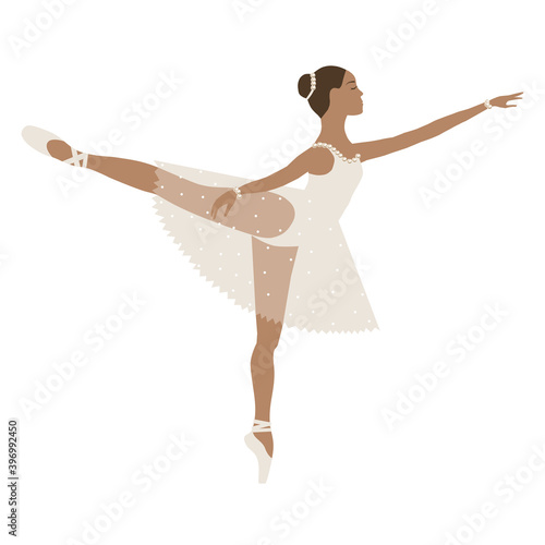 Dancing ballerina brown skin, girl in tutu and pointe shoes, beige dress. Vector illustration, performing classical ballet, vector flat style.