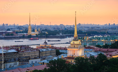 Warm summer sunset in Saint-Petersburg, Russia, Admiralty, Hermitage, Peter and Paul fortress