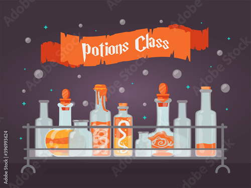 Potion class cover design. Shelf with magic bottles and bubbles, witchcraft drinks vector illustrations with text on ribbon. Witchery and Halloween concept for webpage or website background template