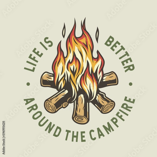Camp burning campfire with flame for camping design or t-shirt print