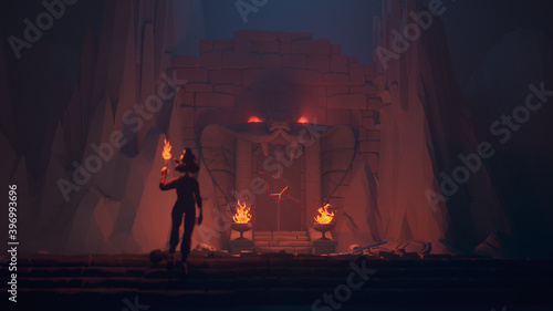 3d monochrome illustration of low poly mystical cave, cobra-headed gate with glowing red eyes. Girl with torch stands on the stone steps near the destroyed wall. Skulls, swords, shields lie on ground. © roman3d