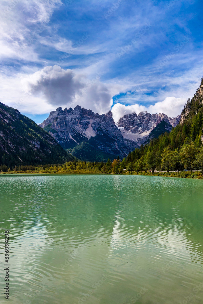View of the lake and beautiful mountains in Italy.