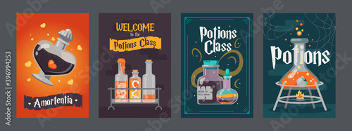 Potion class posters set. Magic bottles with witchcraft drinks or poisons vector illustrations with text. Witchery and Halloween concept for flyers and brochures design