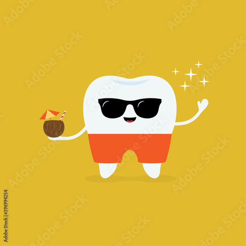 Dental on the beach. Tooth with sunglasses and cocktail. Dental Tourism. Flat design cartoon style.