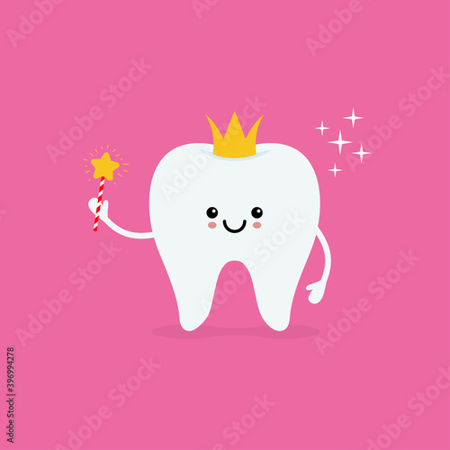 Tooth fairy wearing crown and holding a star magic wand.