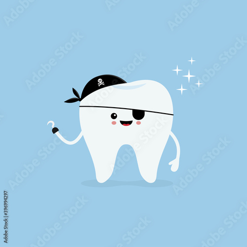Caries bad tooth. Cute pirate tooth with one hook hand.