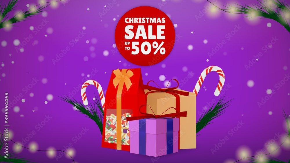 Christmas 50 Sale. New Year Gifts on The Festive Background. Merry Christmas and Happy New Year. Colored. Winter Holidays Set Realistic gifts. Snowflakes in the air. Vector Illustration