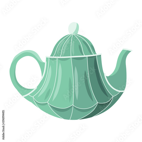 Ceramic kettle for tea. Retro style teapot. Colored cute pottery isolated on white background. Kitchen crockery item. Hand drawn flat illustration